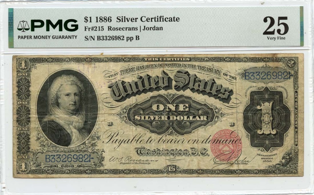 1886 Silver Certificate One Dollar PMG VF25 Martha Note: 1886 Silver Certificate One Dollar PMG VF25 Martha Note This 1886 $1 Silver Certificate features Martha Washington and has been graded VF25 by PMG. The note is circulated and originates from the Unite