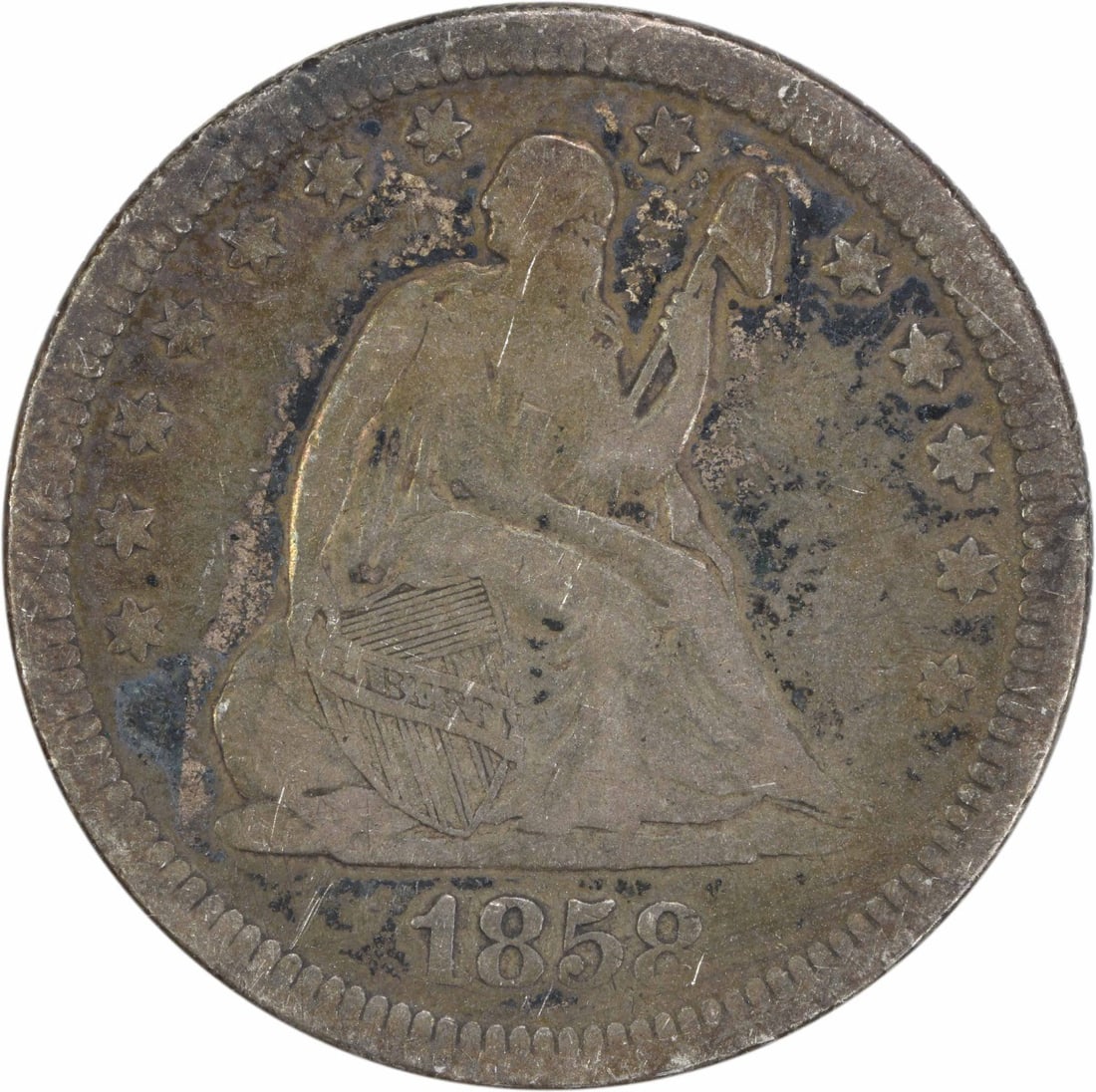 1858 Liberty Seated Silver Quarter 90% Silver Uncertified: 1858 Liberty Seated Silver Quarter 90% Silver Uncertified This 1858 Liberty Seated Silver Quarter is a remarkable piece of American numismatic history. Struck in Philadelphia, this coin features a bea