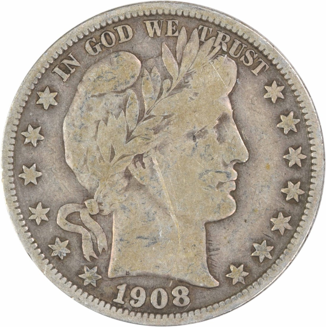1908 San Francisco Barber Half Dollar 90 Percent Silver Uncertified VG: 1908 San Francisco Barber Half Dollar 90 Percent Silver Uncertified VG This 1908-S Barber Half Dollar is a circulated coin featuring the classic design by Charles E. Barber. Struck at the San Francisc