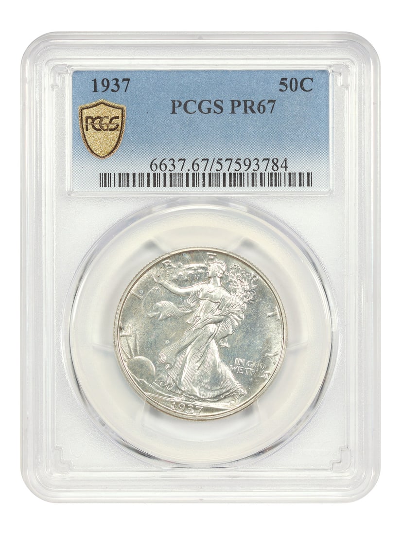 1937 Proof 50C Walking Liberty Half Dollar PCGS PR67 Philadelphia Mint: 1937 Proof 50C Walking Liberty Half Dollar PCGS PR67 Philadelphia Mint This 1937 Walking Liberty Half Dollar is a premium example graded PR67 by PCGS. Struck in Philadelphia, this uncirculated 50-cent
