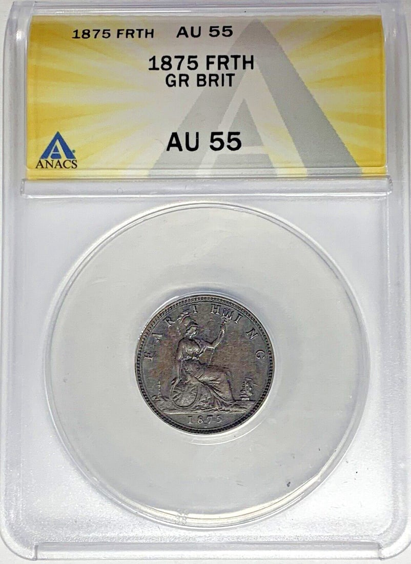 ANACS AU 55 certified 1875-H United Kingdom Farthing coin: ANACS AU 55 certified 1875-H United Kingdom Farthing coin This 1875-H Great Britain Farthing coin is certified by ANACS with a grade of AU 55. Originating from the United Kingdom, it is a pre-owned co