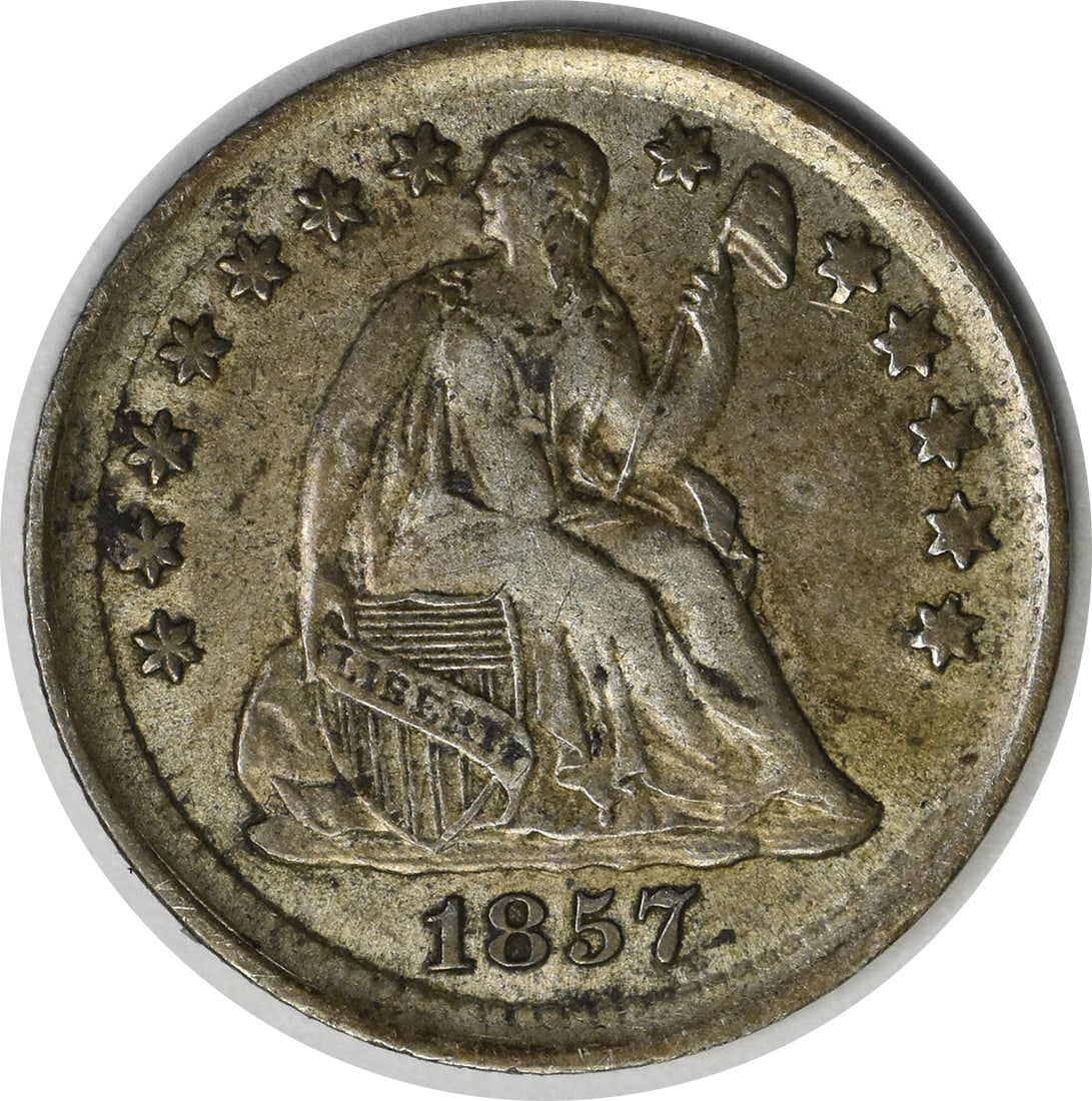 1857 Liberty Seated Half Dime AU Silver Coin Philadelphia Mint: 1857 Liberty Seated Half Dime AU Silver Coin Philadelphia Mint This 1857 Liberty Seated Silver Half Dime is a fine addition for any coin collector. It features a beautiful design by Christian Gobrecht