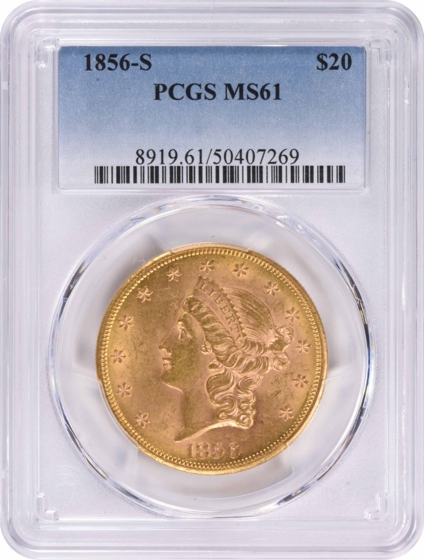 1856-S $20 Gold Liberty Head Coin MS61 PCGS Uncirculated: 1856-S $20 Gold Liberty Head Coin MS61 PCGS Uncirculated This 1856-S $20 Gold Liberty Head coin is a remarkable piece of numismatic history. Graded MS61 by PCGS, this uncirculated coin features a stun