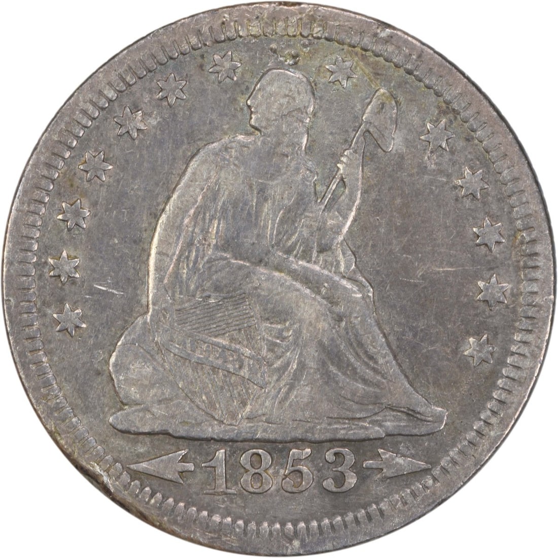 1853 Liberty Seated Silver Quarter 25C Uncertified Circulated: 1853 Liberty Seated Silver Quarter 25C Uncertified Circulated This 1853 Liberty Seated Silver Quarter features arrows and rays, showcasing a captivating design by Robert Ball Hughes and Christian Gobr