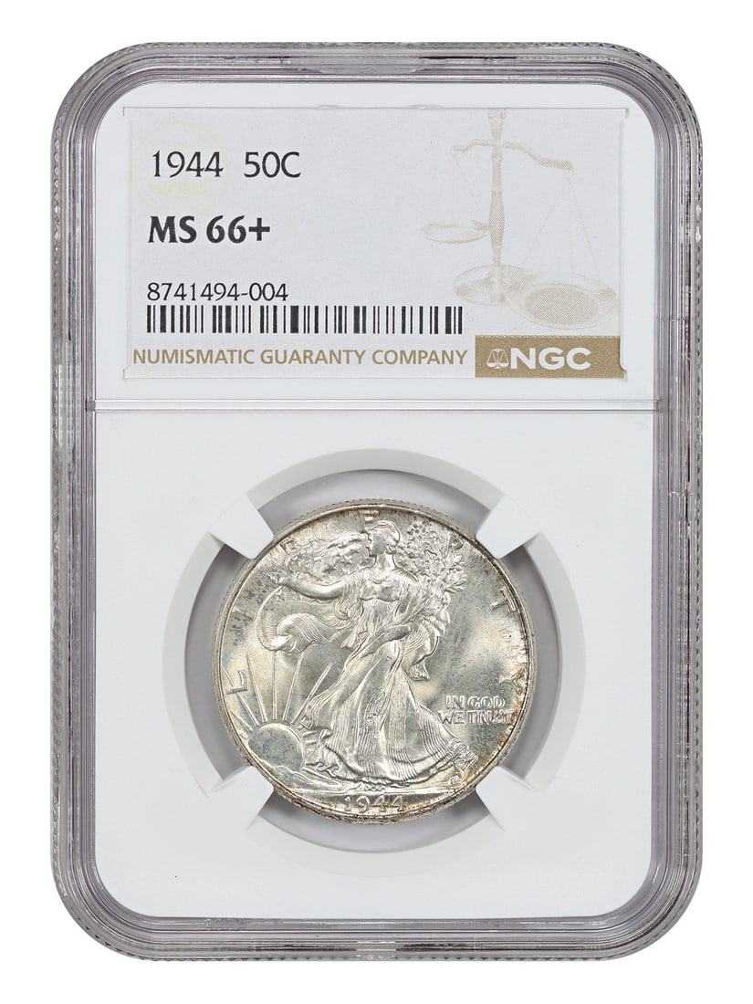1944 Walking Liberty Half Dollar NGC MS66 Plus Philadelphia Mint: 1944 Walking Liberty Half Dollar NGC MS66 Plus Philadelphia Mint This is a 1944 Walking Liberty Half Dollar graded MS66+ by NGC. The coin is uncirculated and was struck at the Philadelphia Mint. It is