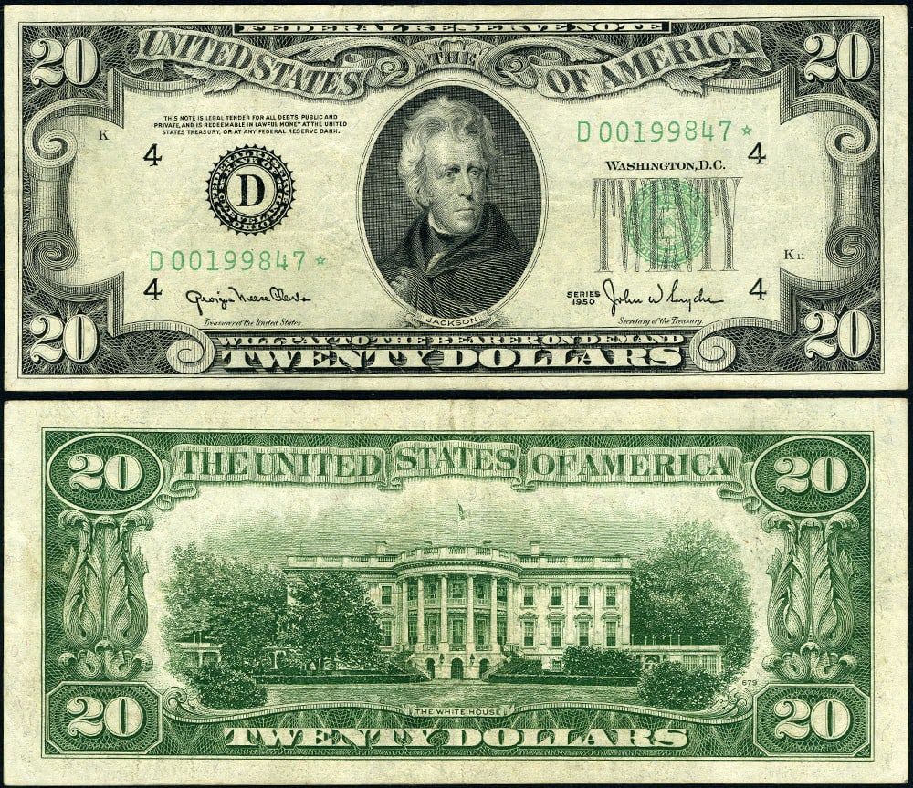 1950 $20 Federal Reserve Note Cleveland D-* Block XF Uncertified: 1950 $20 Federal Reserve Note Cleveland D-* Block XF Uncertified This is a 1950 $20 Federal Reserve Note from the Cleveland D-* Block, graded as Extremely Fine (XF). It features original paper quality