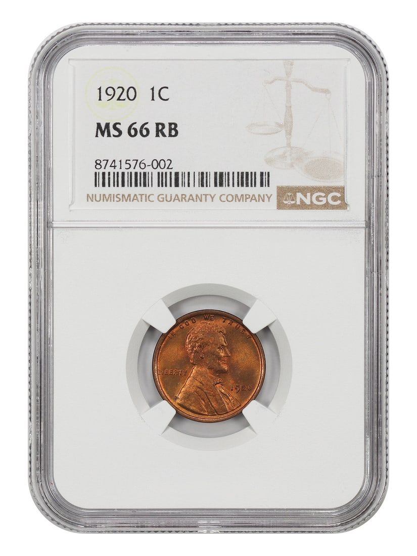 1920 Lincoln Wheat Cent NGC MS66RB Red Brown Philadelphia Mint: 1920 Lincoln Wheat Cent NGC MS66RB Red Brown Philadelphia Mint This 1920 Lincoln Cent features the Wheat Reverse design and has been graded MS66RB by NGC. The coin displays a lovely red-brown colorati