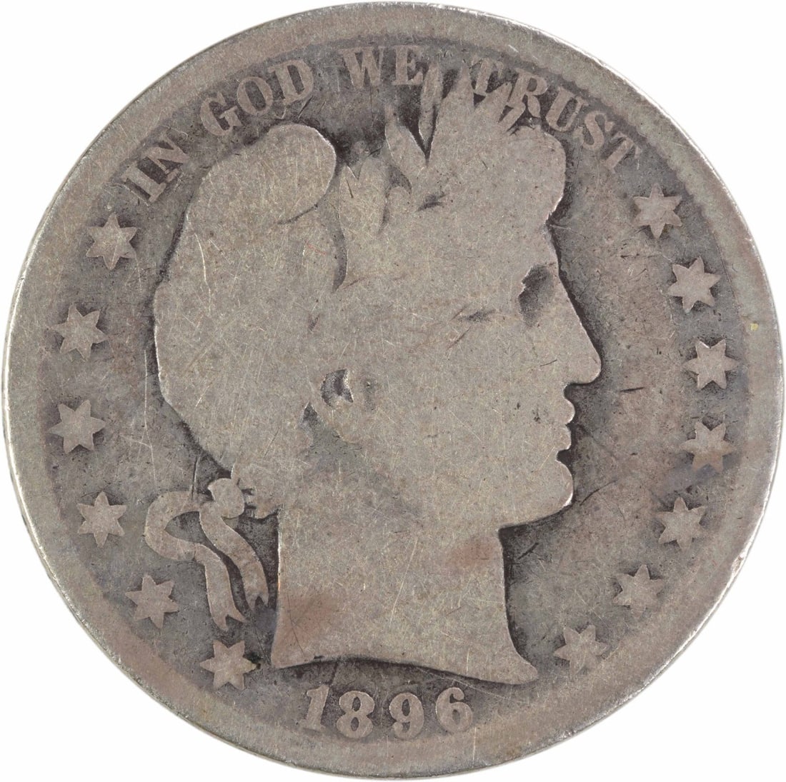 Barber Half Dollar 1896-O 90 Percent Silver Coin Good Grade Uncertified: Barber Half Dollar 1896-O 90 Percent Silver Coin Good Grade Uncertified This 1896-O Barber Silver Half Dollar is a circulated coin minted in New Orleans. Designed by Charles E. Barber, it is composed 