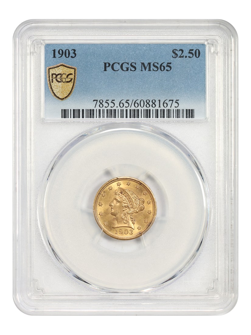 1903 Liberty Head $2.50 Gold Coin PCGS MS65 Philadelphia Mint: 1903 Liberty Head $2.50 Gold Coin PCGS MS65 Philadelphia Mint This 1903 Liberty Head $2.5 gold coin is certified by PCGS with a grade of MS65, indicating it is in uncirculated condition. Struck at the