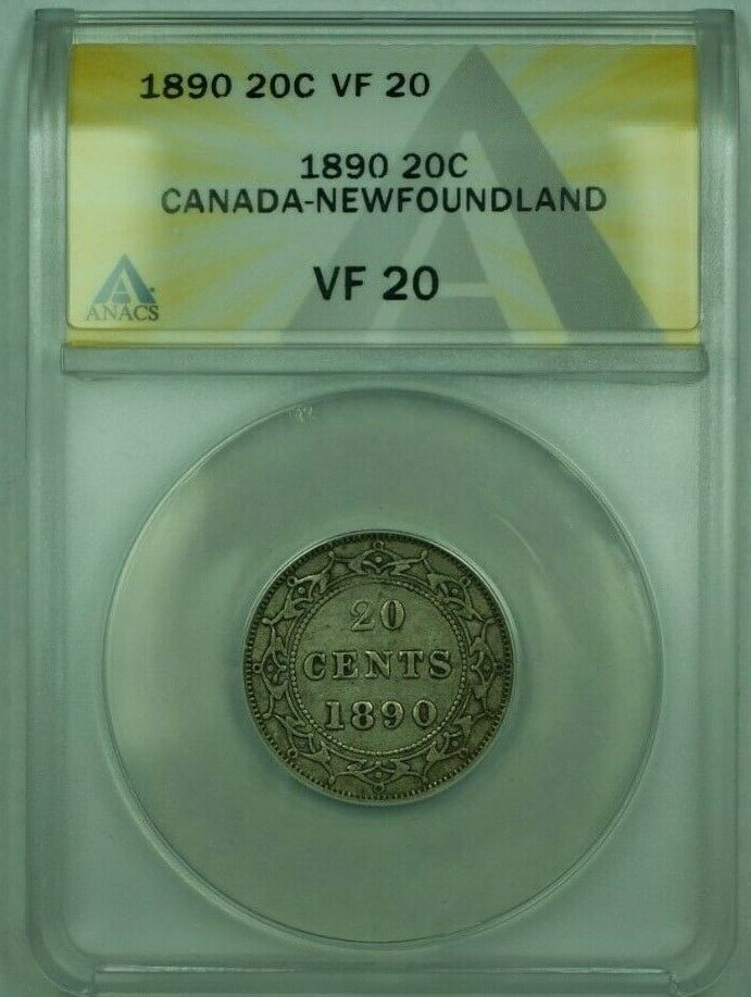 ANACS VF 20 Certified 1890 Newfoundland 20 Cent Coin from Canada: ANACS VF 20 Certified 1890 Newfoundland 20 Cent Coin from Canada This 1890 Canada-Newfoundland 20 cents coin is graded VF 20 by ANACS and is in circulated, pre-owned condition. It is a certified colle
