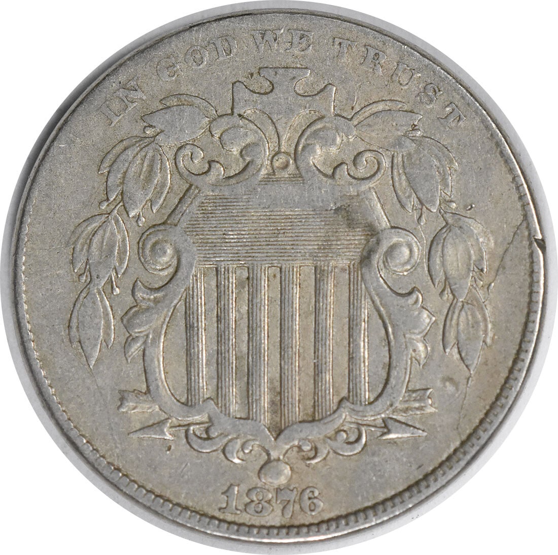 1876 Shield Nickel DDO FS-102 Uncertified Philadelphia Mint: 1876 Shield Nickel DDO FS-102 Uncertified Philadelphia Mint This 1876 Shield Nickel DDO FS-102 is a remarkable piece of history, featuring a design by James Barton Longacre. Minted in Philadelphia, th