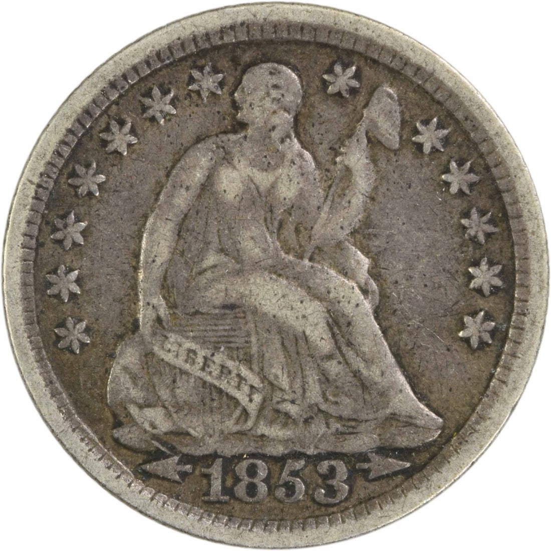 1853 Liberty Seated Half Dime Silver Coin Uncertified: 1853 Liberty Seated Half Dime Silver Coin Uncertified This 1853 Liberty Seated Silver Half Dime features the iconic seated liberty design by Christian Gobrecht. Struck at the Philadelphia mint, this c