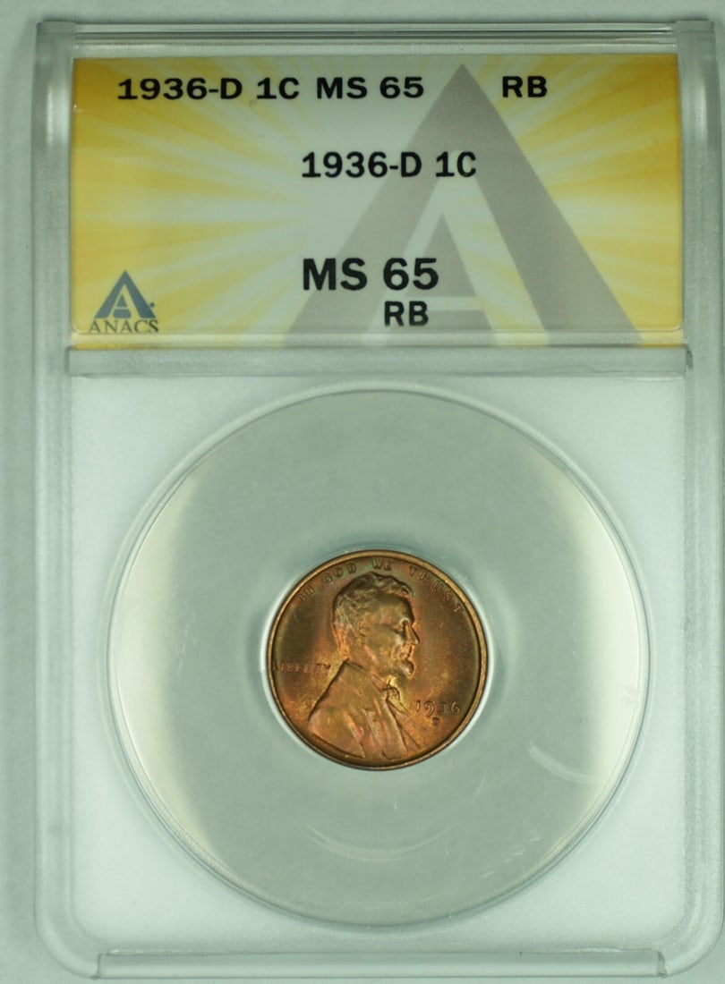 1936-D Lincoln Wheat Cent MS 65 RB ANACS Certified Red Brown Uncirculated Coin: 1936-D Lincoln Wheat Cent MS 65 RB ANACS Certified Red Brown Uncirculated Coin This 1936-D Lincoln Wheat Cent is a small cent coin from the United States, featuring a red-brown toned finish. Graded MS