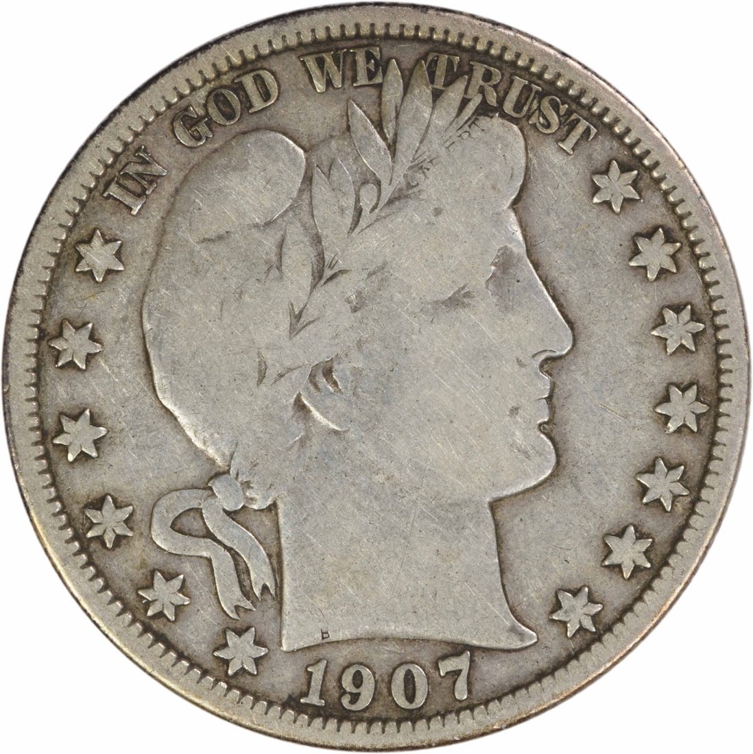 1907 New Orleans Barber Half Dollar 90 Percent Silver Uncertified Coin: 1907 New Orleans Barber Half Dollar 90 Percent Silver Uncertified Coin This 1907-O Barber Half Dollar was minted in New Orleans and is composed of 90% silver and 10% copper. Designed by Charles E. Bar