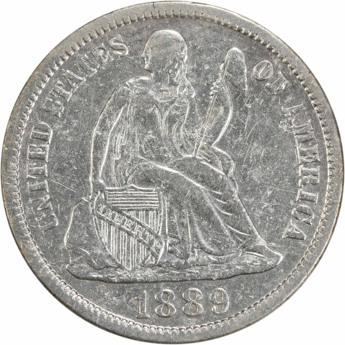 1889-S Seated Liberty Silver Dime 90% Silver Uncertified: 1889-S Seated Liberty Silver Dime 90% Silver Uncertified This 1889-S Liberty Seated Silver Dime is a remarkable piece of U.S. numismatic history, featuring a design by renowned engraver Christian Gobr