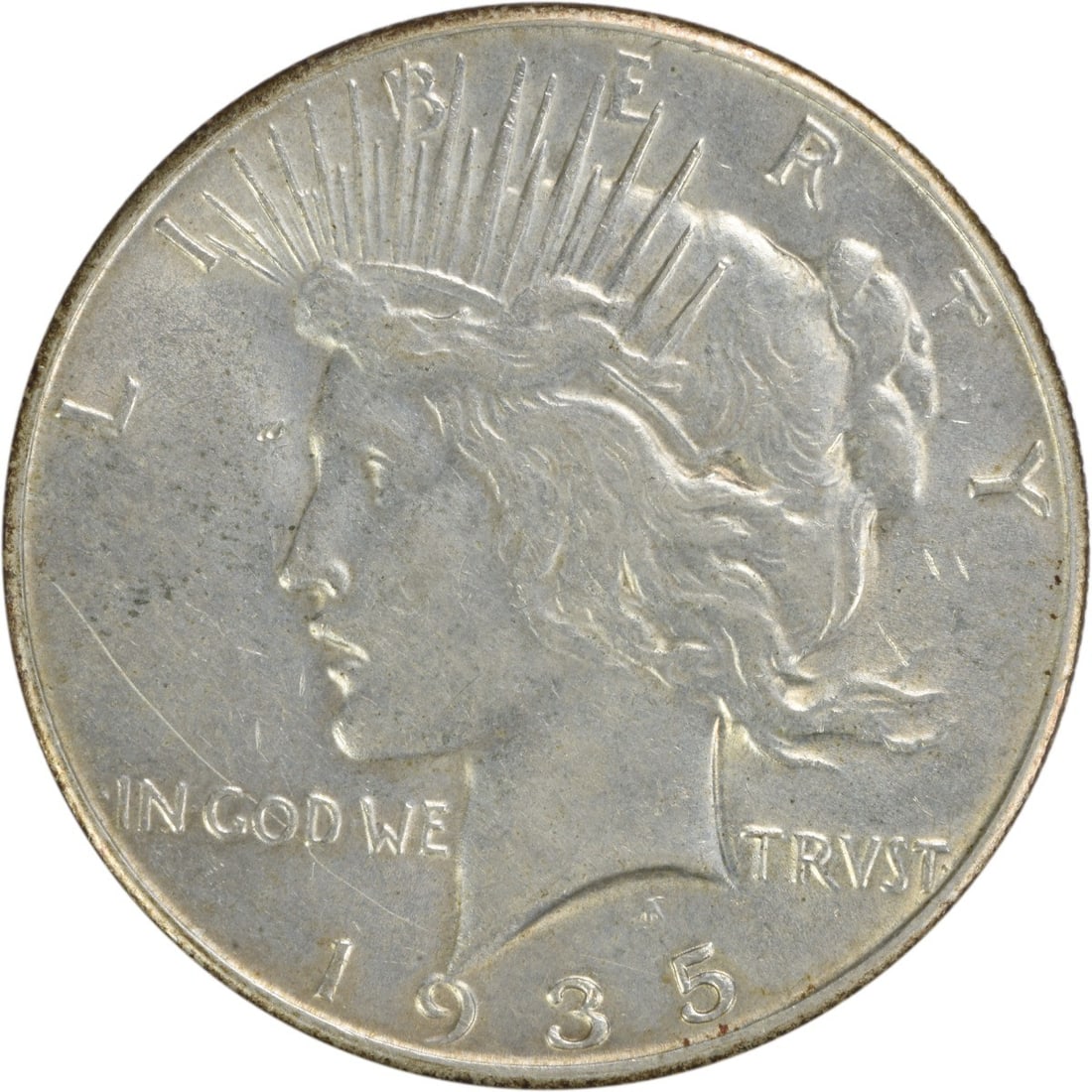 1935 Peace Silver Dollar AU Uncertified Philadelphia Mint 90% Silver: 1935 Peace Silver Dollar AU Uncertified Philadelphia Mint 90% Silver This 1935 Peace Silver Dollar is a beautiful example of American coinage. Minted in Philadelphia, this coin showcases the iconic de