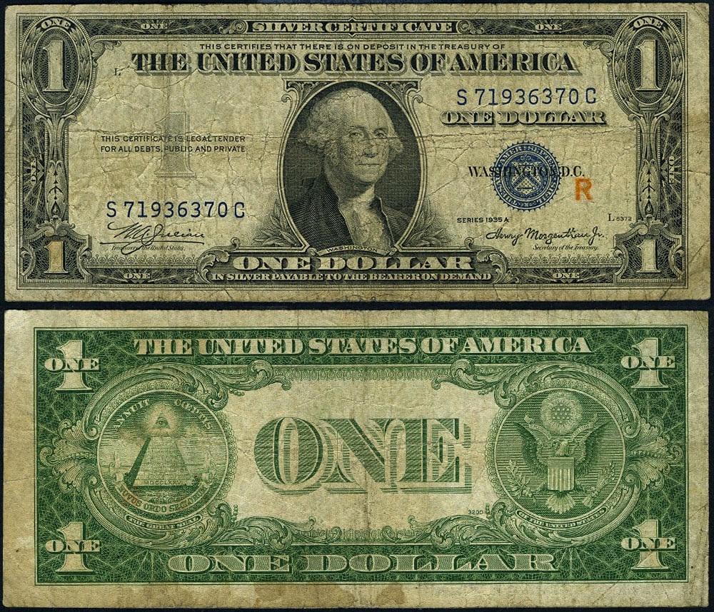 1935-A $1 Silver Certificate R Surcharge S-C Block Fine: 1935-A $1 Silver Certificate R Surcharge S-C Block Fine This is a 1935-A $1 Silver Certificate, designated as FR. 1609, featuring a distinctive red 'R' surcharge in the S-C Block. The note is in fine 