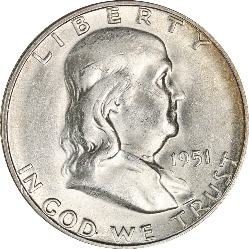 1951 San Francisco Silver Franklin Half Dollar Coin United States: 1951 San Francisco Silver Franklin Half Dollar Coin United States This is a 1951-S Franklin Half Dollar from the United States. The coin is composed of silver with a fineness of 0.9 and was minted in 