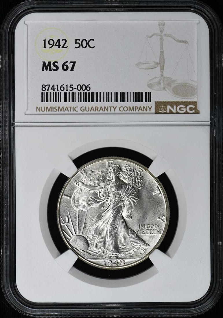 NGC MS67 1942 Philadelphia Walking Liberty 50C Half Dollar: NGC MS67 1942 Philadelphia Walking Liberty 50C Half Dollar This 1942 Walking Liberty Half Dollar is graded MS67 and certified by NGC. Struck in Philadelphia, it remains uncirculated and features the c