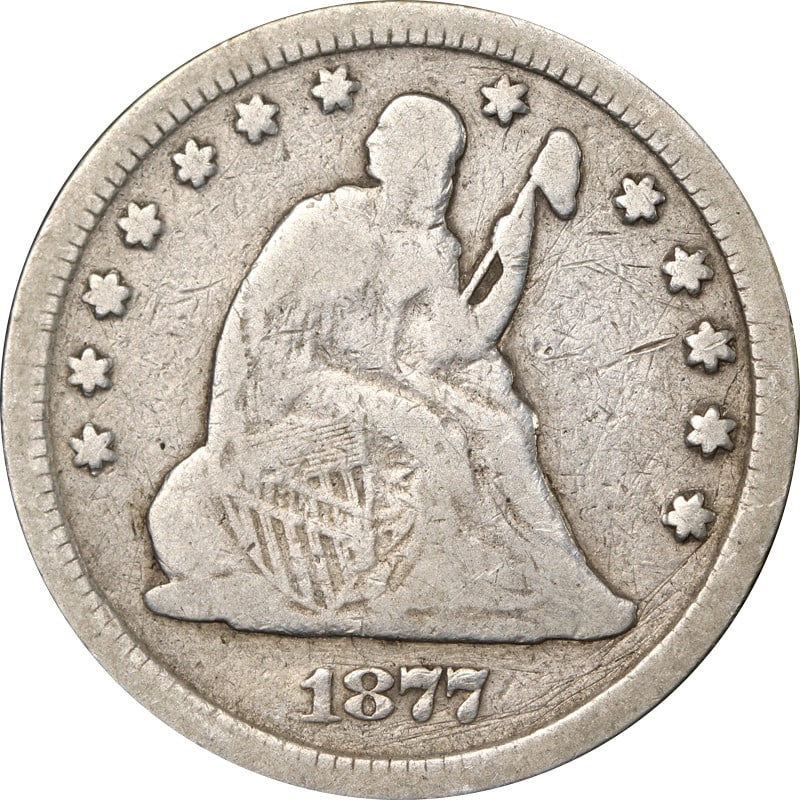 1877 Carson City Mint Seated Liberty Silver Quarter Circulated: 1877 Carson City Mint Seated Liberty Silver Quarter Circulated This is a circulated 1877-CC Seated Liberty Quarter composed of silver with a fineness of 0.9. Minted in Carson City in 1877, this pre-ow