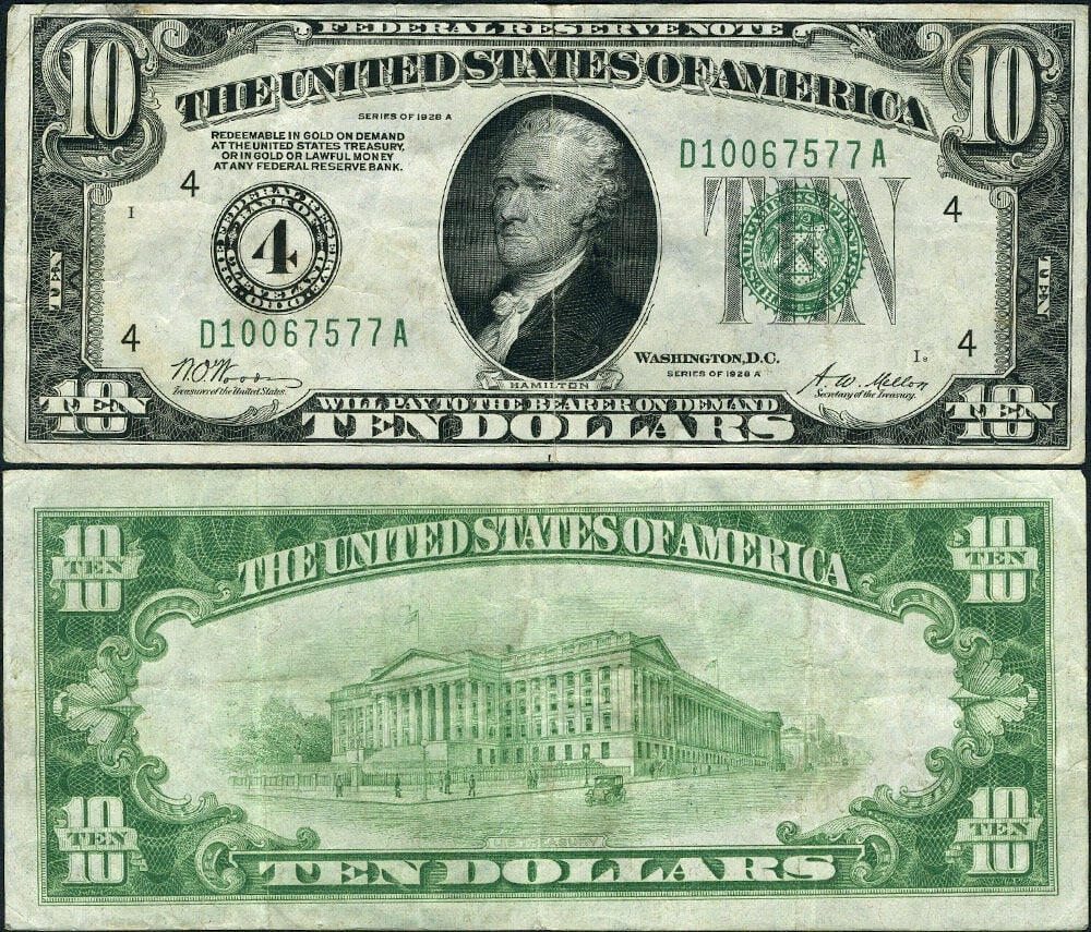 1928-A $10 Federal Reserve Note Cleveland D-A Block VF+: 1928-A $10 Federal Reserve Note Cleveland D-A Block VF+ This 1928-A $10 Federal Reserve Note from Cleveland, designated as FR. 2001 D, is a remarkable mid-grade example in Very Fine Plus (VF+) conditi