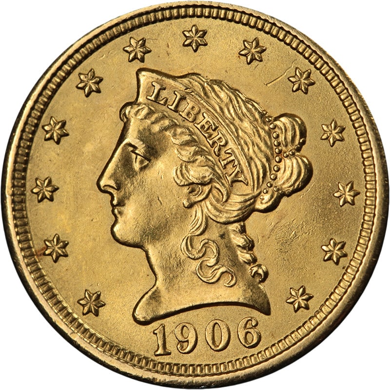 1906 United States Liberty Head Gold Quarter Eagle BU Uncertified: 1906 United States Liberty Head Gold Quarter Eagle BU Uncertified This 1906 Liberty Gold $2.50 coin features attractive luster, strong strike, and appealing surfaces. The coin displays great color and