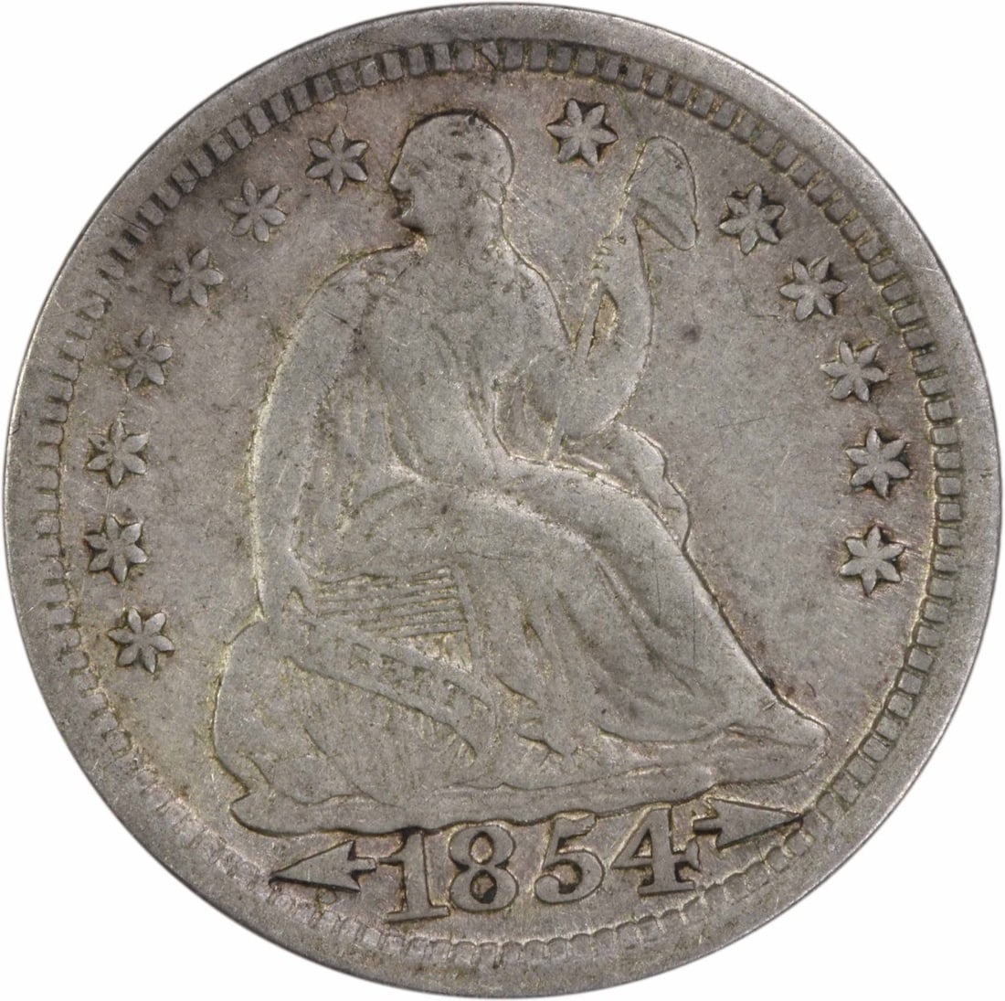 1854 Liberty Seated Half Dime Silver Coin Uncertified EF: 1854 Liberty Seated Half Dime Silver Coin Uncertified EF This 1854 Liberty Seated Silver Half Dime features a design by Christian Gobrecht and originates from the Philadelphia mint. With a composition