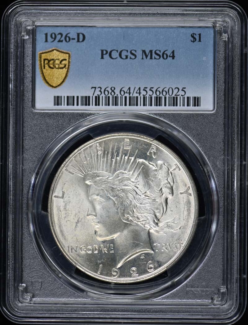 1926-D Peace Dollar PCGS MS64 Certified Uncirculated Coin: 1926-D Peace Dollar PCGS MS64 Certified Uncirculated Coin This 1926-D Peace Dollar is a stunning example of U.S. coinage, certified by PCGS with a grade of MS64. It was minted in Denver and remains in
