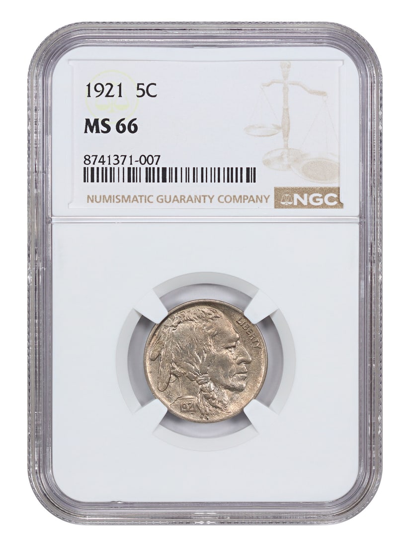 Buffalo Nickel 1921 Five Cent Coin NGC Graded MS66 Uncirculated: Buffalo Nickel 1921 Five Cent Coin NGC Graded MS66 Uncirculated This 1921 Buffalo Nickel features a denomination of 5 cents and was struck at the Philadelphia Mint. Certified by NGC with a grade of MS