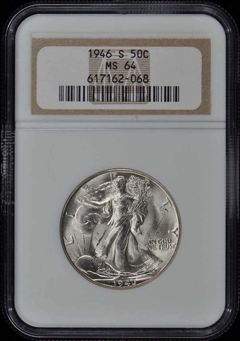 1946-S NGC MS64 Walking Liberty Half Dollar Uncirculated: 1946-S NGC MS64 Walking Liberty Half Dollar Uncirculated This 1946-S Walking Liberty Half Dollar is certified by NGC with a grade of MS64, indicating it is in uncirculated condition. Struck at the San