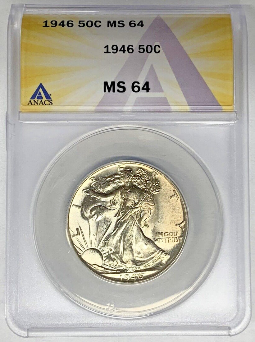 1946 Liberty Walking Half Dollar ANACS MS 64 Certified Coin: 1946 Liberty Walking Half Dollar ANACS MS 64 Certified Coin This is a 1946 Walking Liberty Half Dollar coin from the United States, featuring the Liberty Walking design. The coin is uncirculated and h