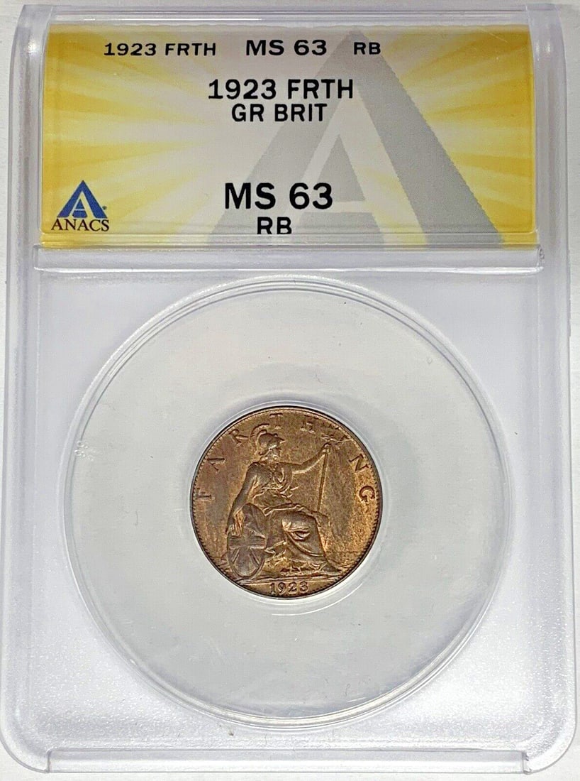 1923 United Kingdom Farthing 1/4p ANACS MS 63 RB Certified Coin: 1923 United Kingdom Farthing 1/4p ANACS MS 63 RB Certified Coin This is a 1923 Great Britain Farthing coin, graded MS 63 RB by ANACS. The coin is denominated as 1/4 penny and features a red-brown colo