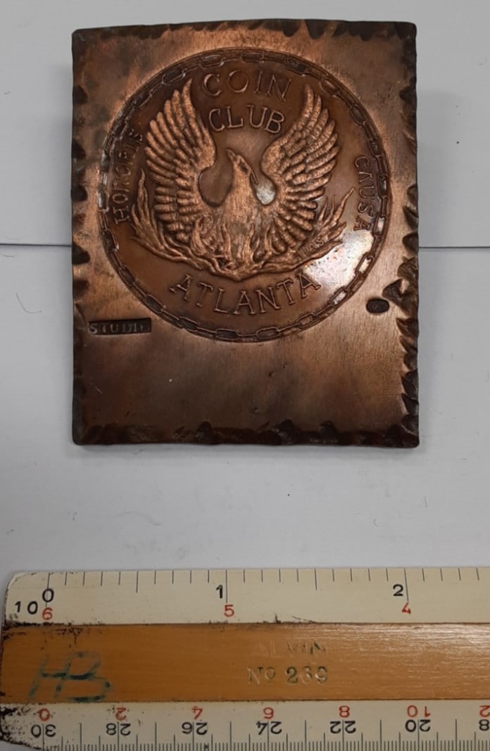 H Alvin Sharpe 1960s Studio Trial Copper Plate Atlanta Coin Club Medal: H Alvin Sharpe 1960s Studio Trial Copper Plate Atlanta Coin Club Medal This is a vintage 1960s H. Alvin Sharpe studio trial copper plate featuring the design of the Atlanta Coin Club. The plate is str