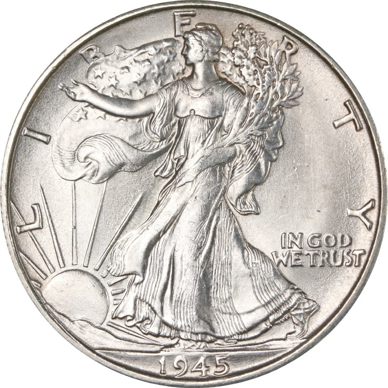 1945-S Walking Liberty Half Dollar Silver Coin Circulated: 1945-S Walking Liberty Half Dollar Silver Coin Circulated This 1945-S Walking Liberty Half showcases the classic design that has made it a beloved piece among collectors. It is made of silver with a f