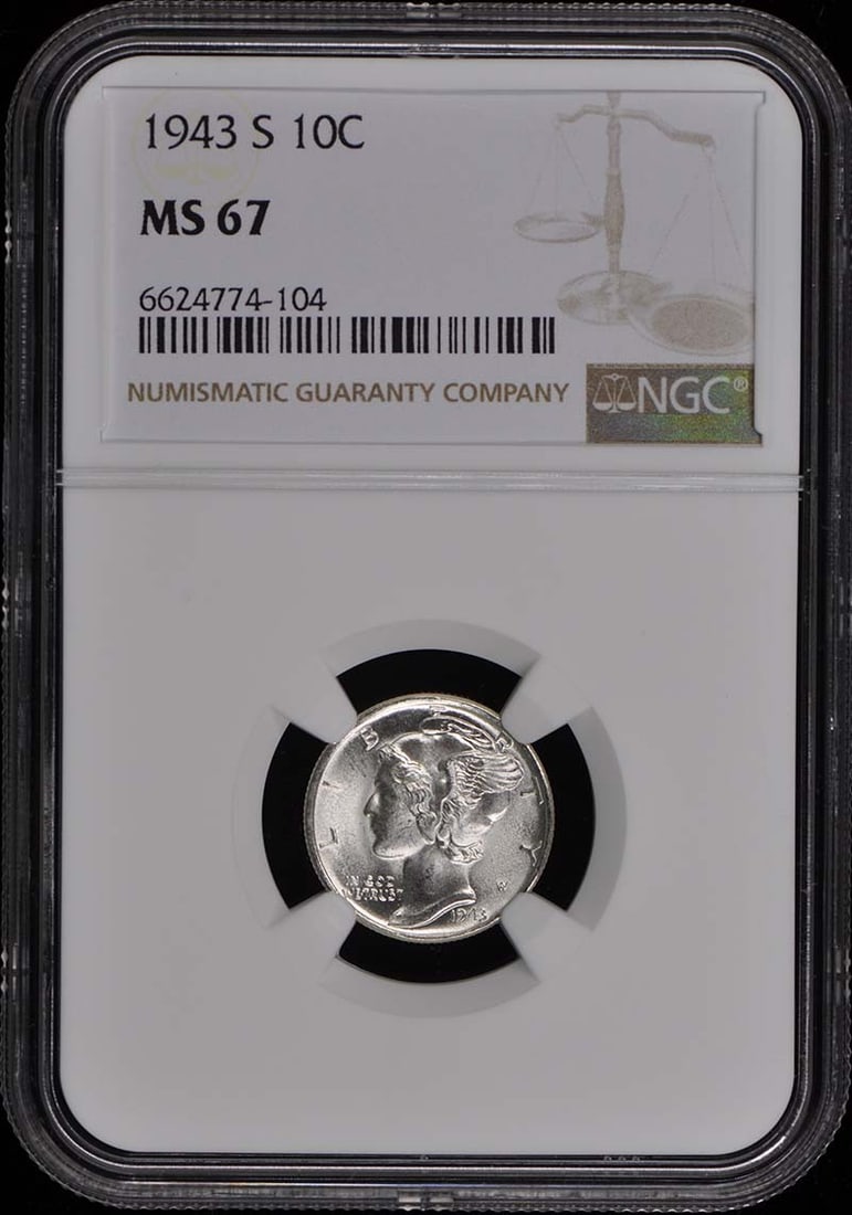 1943-S Mercury Dime 10C NGC MS67 Uncirculated San Francisco: 1943-S Mercury Dime 10C NGC MS67 Uncirculated San Francisco This 1943-S Mercury Dime is graded MS67 by NGC, indicating an exceptional quality of uncirculated condition. Struck at the San Francisco Min