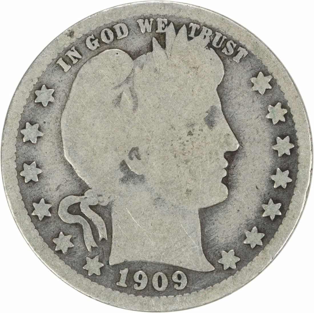 1909-O Barber Quarter 25C G Grade Uncertified 90% Silver: 1909-O Barber Quarter 25C G Grade Uncertified 90% Silver This 1909-O Barber Silver Quarter is a classic piece of American numismatics, featuring a unique design by Charles E. Barber. Minted in New Orl