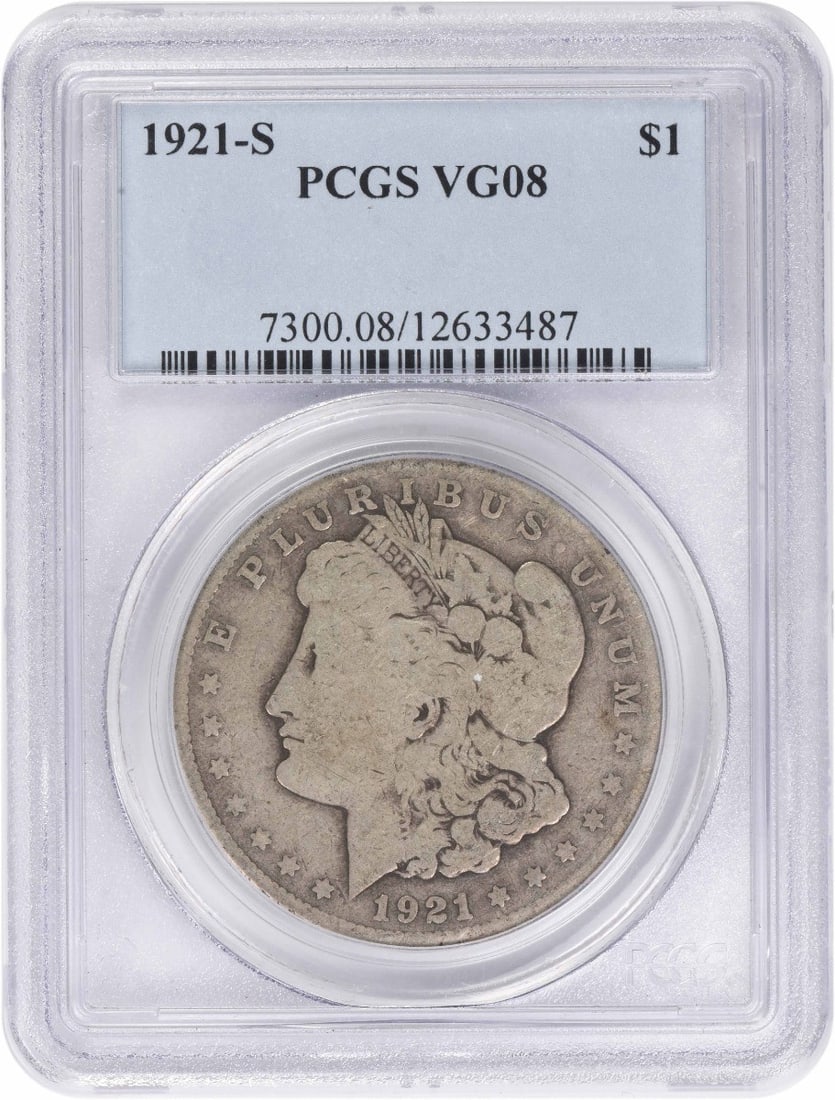 PCGS Graded 1921 San Francisco Morgan Dollar VG08 90 Percent Silver: PCGS Graded 1921 San Francisco Morgan Dollar VG08 90 Percent Silver This 1921-S Morgan Silver Dollar is graded VG08 by PCGS and features a composition of 90% silver and 10% copper. Minted in San Franc