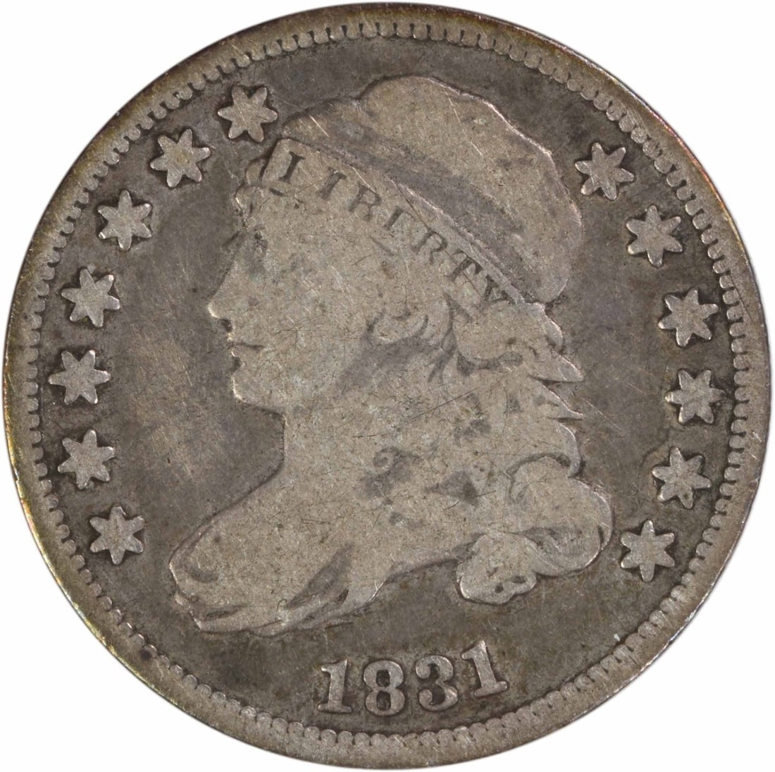 1831 Capped Bust Dime VG Grade Philadelphia Uncertified Silver Coin: 1831 Capped Bust Dime VG Grade Philadelphia Uncertified Silver Coin This 1831 Capped Bust silver dime from the Philadelphia Mint is a circulated coin graded VG (Very Good). Designed by John Reich, it 