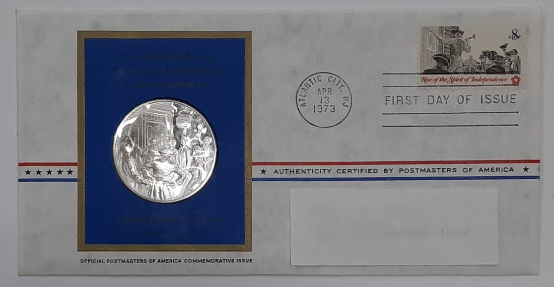 Colonial Communications Sterling Silver Medal 1973 First Day Cover (1 of 2)