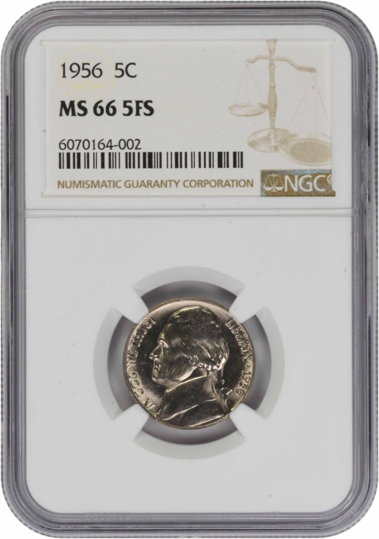 1956 Jefferson Five Cent Coin MS66 5FS Graded by NGC: 1956 Jefferson Five Cent Coin MS66 5FS Graded by NGC This 1956 Jefferson nickel is graded MS66 5FS by NGC, indicating a high-quality, uncirculated coin with full steps detail. Struck at the Philadelph