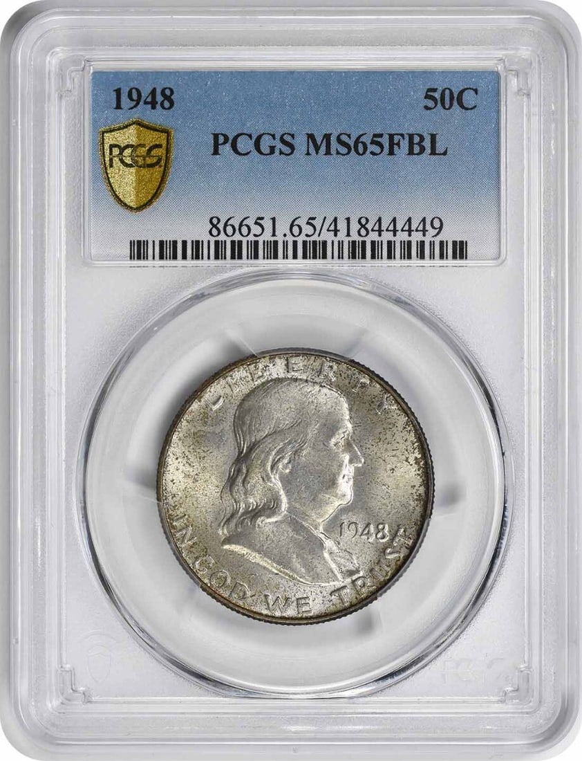 1948 Franklin Half Dollar MS65FBL PCGS Uncirculated Silver Coin: 1948 Franklin Half Dollar MS65FBL PCGS Uncirculated Silver Coin This 1948 Franklin Silver Half Dollar is a remarkable piece of numismatic history. Graded MS65FBL by PCGS, this uncirculated coin featur