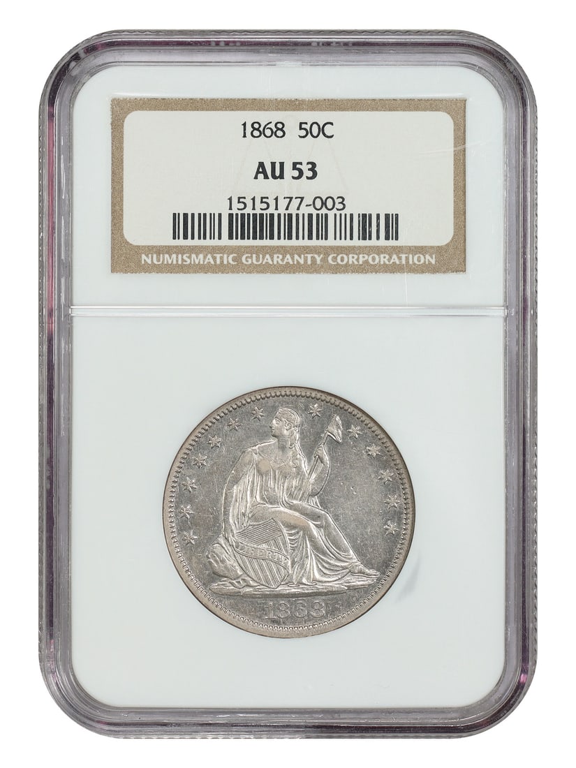 NGC AU53 1868 Liberty Seated 50C Half Dollar Philadelphia: NGC AU53 1868 Liberty Seated 50C Half Dollar Philadelphia This 1868 Liberty Seated Half Dollar is graded AU53 by NGC and was struck at the Philadelphia Mint. Recognized as a challenging issue to find 