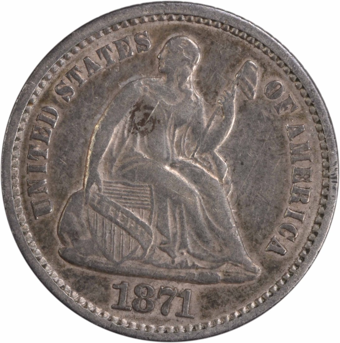 1871 Liberty Seated Half Dime 90% Silver Uncertified EF: 1871 Liberty Seated Half Dime 90% Silver Uncertified EF This 1871 Liberty Seated Silver Half Dime features a classic design by Christian Gobrecht, showcasing the iconic seated liberty motif. Struck at