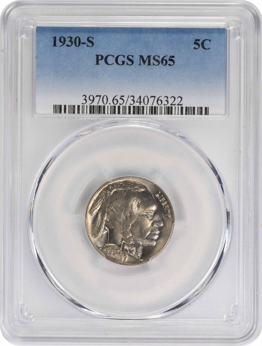 1930-S Buffalo Nickel MS65 PCGS Uncirculated Coin: 1930-S Buffalo Nickel MS65 PCGS Uncirculated Coin This 1930-S Buffalo Nickel is in uncirculated condition, certified by PCGS with a grade of MS65. Struck at the San Francisco mint, this coin features 