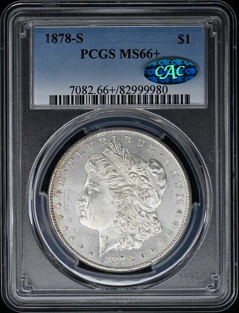 1878-S Morgan Dollar PCGS MS66+ CAC San Francisco Uncirculated: 1878-S Morgan Dollar PCGS MS66+ CAC San Francisco Uncirculated This stunning 1878-S Morgan Dollar is certified by PCGS and graded MS66+, indicating its exceptional quality and preservation. Struck in 