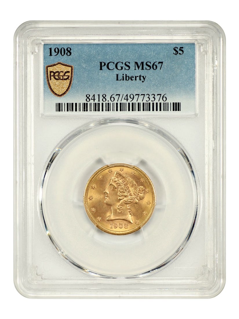 1908 Liberty Head $5 Gold Coin PCGS MS67 Philadelphia Mint: 1908 Liberty Head $5 Gold Coin PCGS MS67 Philadelphia Mint This 1908 Liberty Head $5 gold coin is certified by PCGS with a grade of MS67. Struck in Philadelphia, it represents the final year of the Li