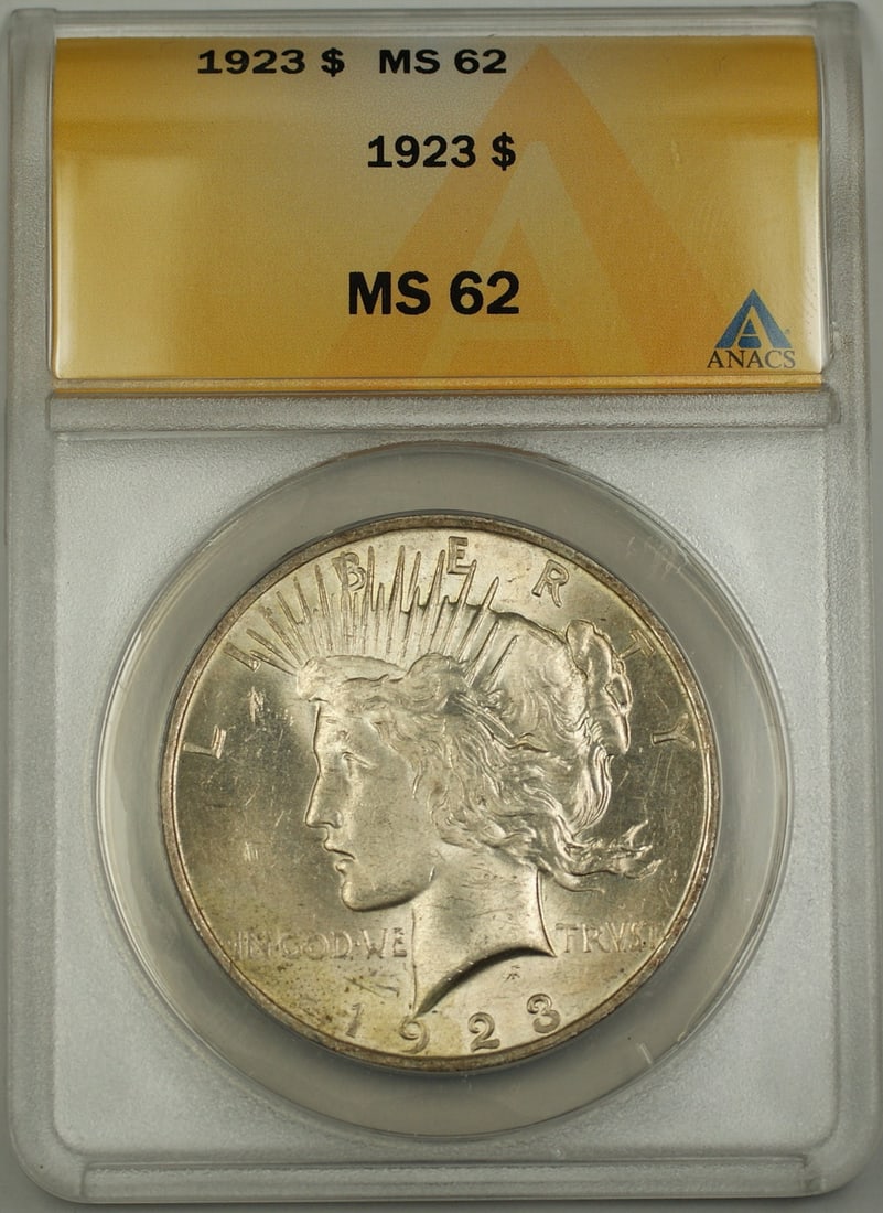 ANACS MS-62 1923 Peace Dollar Silver Coin from Philadelphia: ANACS MS-62 1923 Peace Dollar Silver Coin from Philadelphia This is a 1923 Silver Peace Dollar $1 coin, certified by ANACS with a grade of MS-62. The coin is uncirculated and was minted in Philadelphi