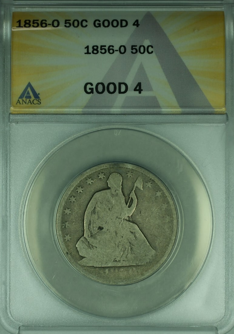 ANACS Graded 1856-O Seated Liberty Silver Half Dollar G 4: ANACS Graded 1856-O Seated Liberty Silver Half Dollar G 4 This 1856-O Seated Liberty Silver Half Dollar is a 50-cent coin minted in New Orleans. Certified by ANACS with a grade of Good-4 (G 4), this c