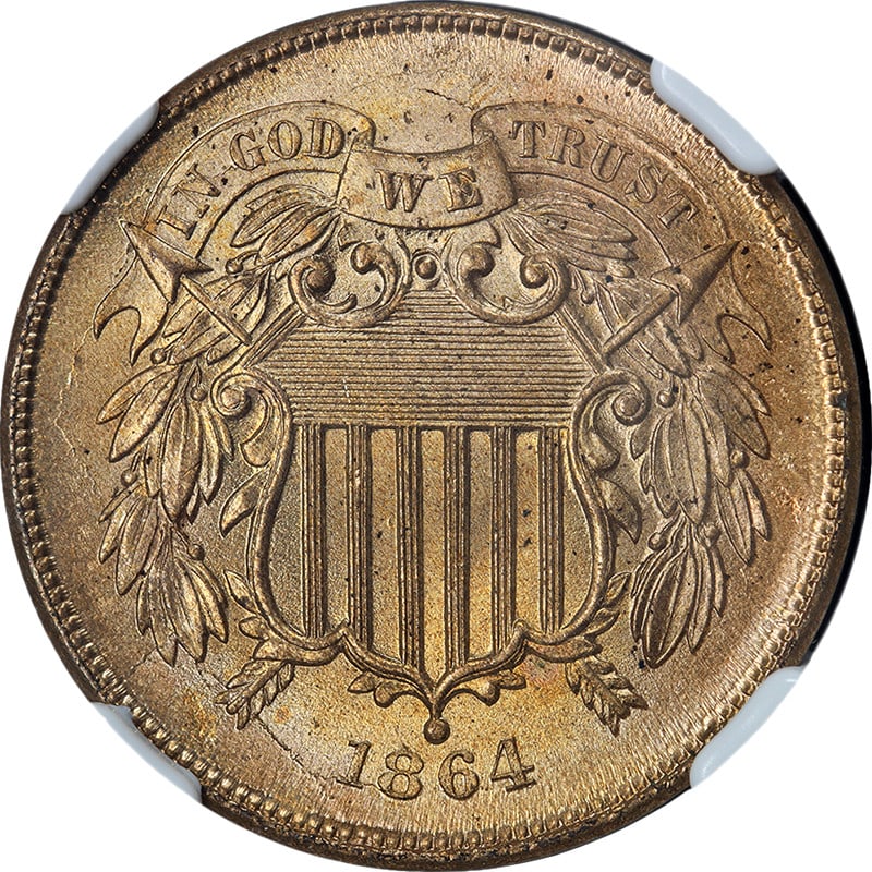 MS66 RD 1864 Large Motto Two Cent Copper NGC Certified Full Red Gem: MS66 RD 1864 Large Motto Two Cent Copper NGC Certified Full Red Gem This 1864 Two Cent Piece features the Large Motto variety and is certified by NGC as MS66 RD. The coin is composed of copper, is unc