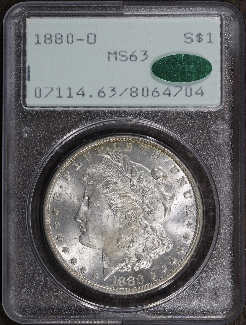 1880-O Morgan Silver Dollar MS63 CAC PCGS Rattler Better Date: 1880-O Morgan Silver Dollar MS63 CAC PCGS Rattler Better Date This 1880-O Morgan Silver Dollar is a remarkable addition to any coin collection. Graded MS63 by PCGS, this uncirculated coin features a s